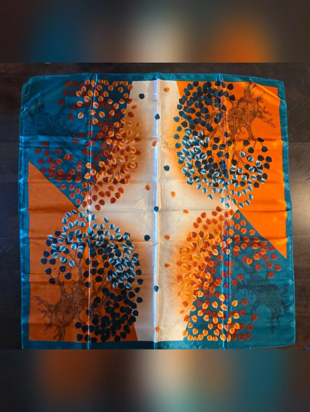 NWT Satin Neck Scarf Head Wrap Teal Orange Botanical Tree Foliage Print 35